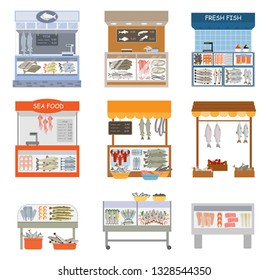 Fifh market vector fishstall fishstore illustration set of fishmongers fishmarket selling fresh marine food isolated on white background