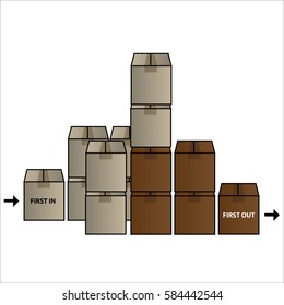 FIFO - first in, first out. business acronym term with boxes, vector illustration