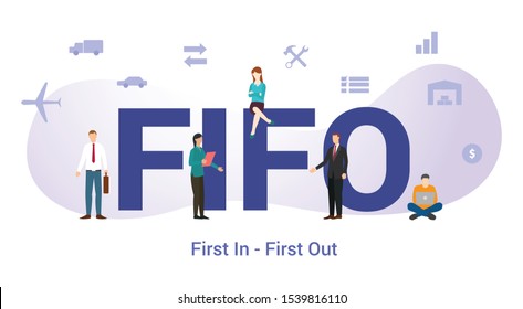 fifo first in first out concept with big word or text and team people with modern flat style - vector