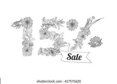 fifteen (15) percents sale. Vector floral linear digits