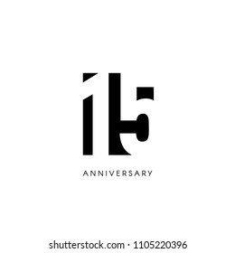 Fifteen Anniversary, Minimalistic Logo. Fifteenth Years, 15th Jubilee, Greeting Card. Birthday Invitation. 15 Year Sign. Black Negative Space Vector Illustration On White Background