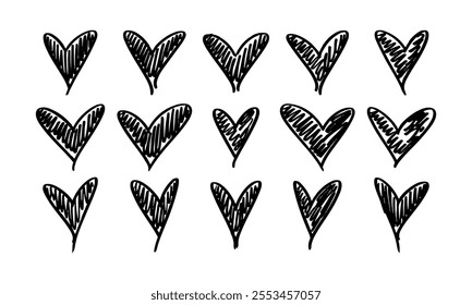 Fifteen asymmetrical shaded hand drawn hearts. Doodles and squiggles. Vector set