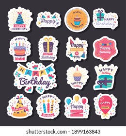 Fifteen Badges Happy Birthday With Decoration Vector Illustration Design