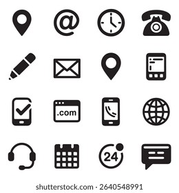 Fifteen Black Contact Icons Website Communication Symbols Set
