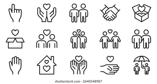 Fifteen Black Line Art Icons Love Charity Community Symbols