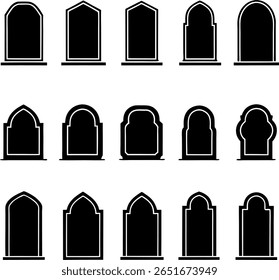 Fifteen black silhouette gravestones are arranged in rows. The gravestones have different shapes and designs, creating a varied and symbolic representation. Gravestone art.