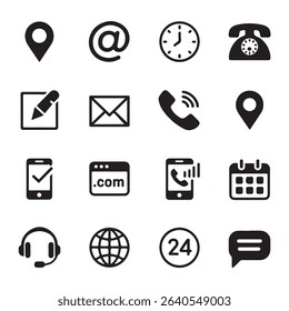Fifteen Black and White Contact Icons Communication Symbols Set
