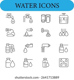 Fifteen black and white line icons related to water, arranged in a grid.