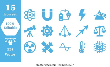 Fifteen blue flat vector icons representing physics phenomena