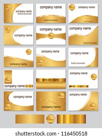 Fifteen business card designs in gold metallic colours