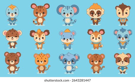 Fifteen cartoon animals with varied fur colors, patterns, and outfits, all displaying happy, smiling faces in a front-facing view.