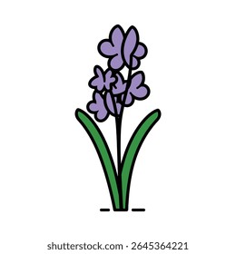 Quinze flores de jacinto-de-desenho-animado são retratadas em um fundo branco. Cada flor roxa tem folhas verdes e contornos pretos, clip-art botânico simples.