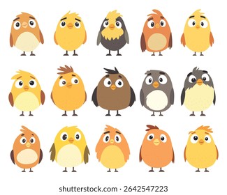 Quinze charmosos pássaros de desenho animado, plumagem diversificada e expressões cativantes.