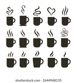 Quinze Cafeteira Ícones Preto Silhuetas Vapor Variações