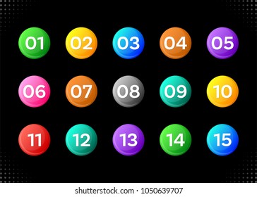 Fifteen colorful numbers icons on black background