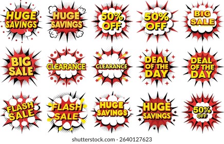 Fifteen comic style sale bubbles feature marketing words like flash sale, huge savings, clearance, deal of the day, big sale, and 50% off discount offers.