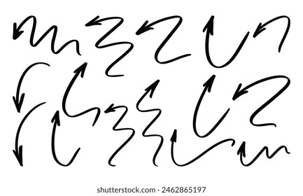 Fifteen curved handwritten arrows of different shapes. Set of vector doodles and squiggles