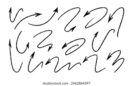 Fifteen curved handwritten arrows drawn in charcoal or soft pencil. Set of vector doodles and squiggles