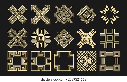 Fifteen decorative patterns, geometric compositions for creating various designs. Vector set