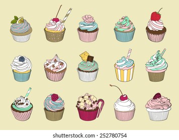 Fifteen delicious yummy vector cupcakes