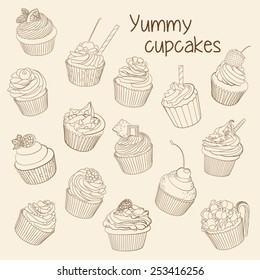 Fifteen delicious yummy vector cupcakes