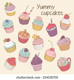 Fifteen delicious yummy vector cupcakes