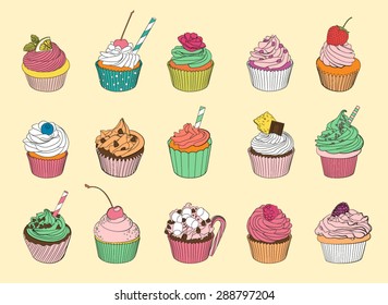 Fifteen delicious yummy vector cupcakes