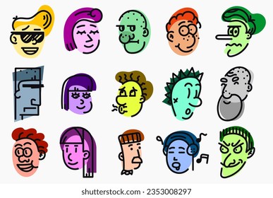 Fifteen Emoji Set. Doodles Emotions. Colored Characters. Cartoon Idea.