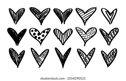 Fifteen filled symmetrical hearts with different textures. Doodles and squiggles. Vector set