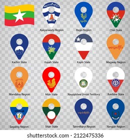 Fifteen flags the Administrative divisions of Myanmar  -  alphabetical order with name.  Set of 2d geolocation signs like flags Myanmar Regions. Fifteen  2d geolocation signs for your design. EPS10 