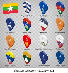 Fifteen flags the Administrative divisions of Myanmar  -  alphabetical order with name.  Set of 3d geolocation signs like flags Myanmar Regions. Fifteen  3d geolocation signs for your design. EPS10 