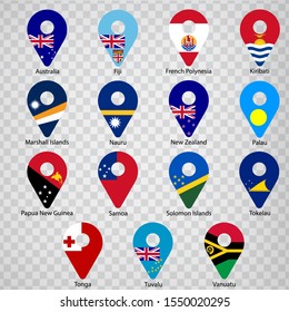 Fifteen Flags of Australia and Oceania countries - alphabetical order with name.  Set of 2d geolocation signs like national flags of Australia and Oceania. Fifteen geolocation signs. EPS10.