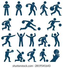 Fifteen flat design icons representing stylized human figures engaged in diverse bowling game actions and sport poses for use in recreation themed graphic designs and digital interface asset libraries.