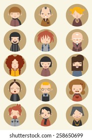 Fifteen funny and cute flat design avatar set including women, men, kids, girl, boy, senior man and woman