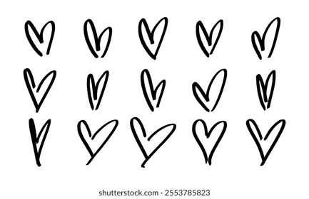 Fifteen hand drawn hearts in free style. Doodles and squiggles. Vector set