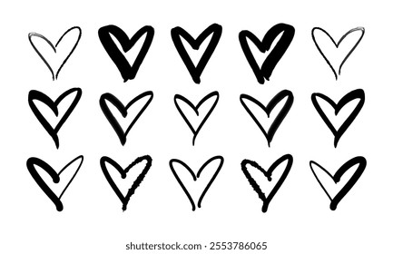 Fifteen hand drawn hearts. Imitation of different brushes. Vector set