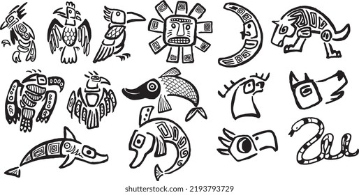 Fifteen Hand drawn set of africa tribal animal isolated on white background.