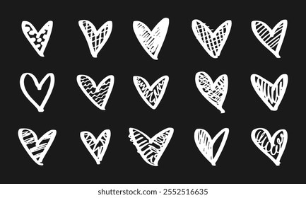 Fifteen hand drawn textured white hearts on black background. Doodles and squiggles. Vector set