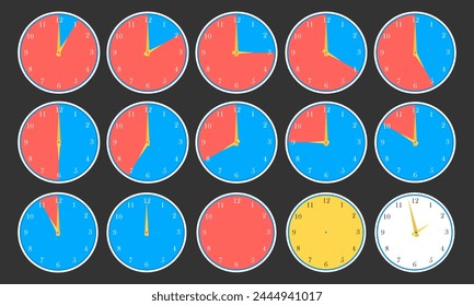 Fifteen hour dials with different times of day. Set of vector icons, pictograms on a dark background