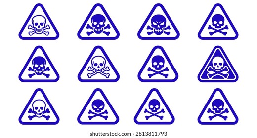 Fifteen identical triangular purple warning symbols featuring skull and crossbones