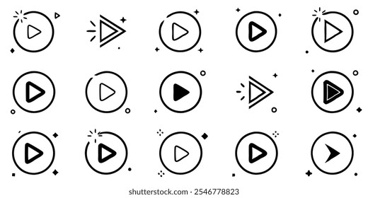 Fifteen line art icons of play buttons in various styles, suitable for media players, video platforms, and audio controls.