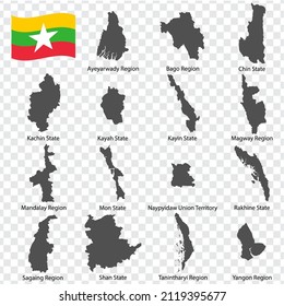 Fifteen  Maps  Administrative divisions of Myanmar - alphabetical order with name. Every single map of Region are listed and isolated with wordings and titles.  Myanmar. EPS 10.