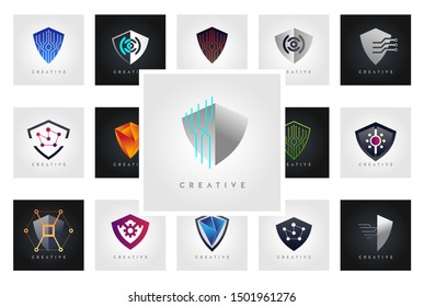 fifteen Mega set collection of security logos style. for your business abstract shield, guard, Security company logo ready to use. Abstract symbol of security. Shield safety icons.