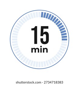 Fifteen minute circular countdown timer icon with blue progress bar on white background
