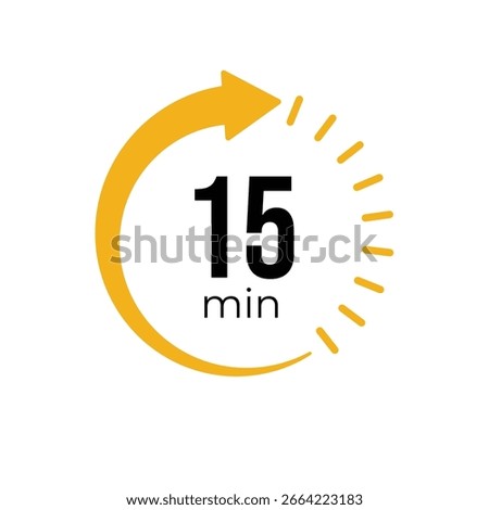 Fifteen minute countdown timer icon with circular arrow design, representing stopwatch, quick timing, scheduling, deadline, and duration tracking concept.