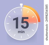 Fifteen minutes clock icon in glass morphism style. Vector illustration