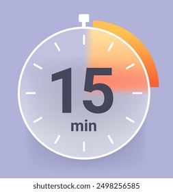 Fifteen minutes clock icon in glass morphism style. Vector illustration