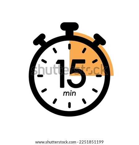 fifteen minutes stopwatch icon, timer symbol, cooking time, cosmetic or chemical application time, 15 min waiting time vector illustration