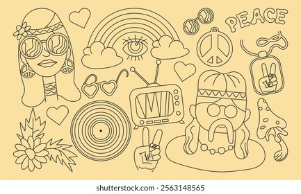 Fifteen outline images, icons in groovy style. Hippie girl, hippie guy, rainbow, vinyl record, peace sign and more. Vector set