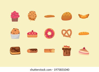 fifteen pastry bakery set icons